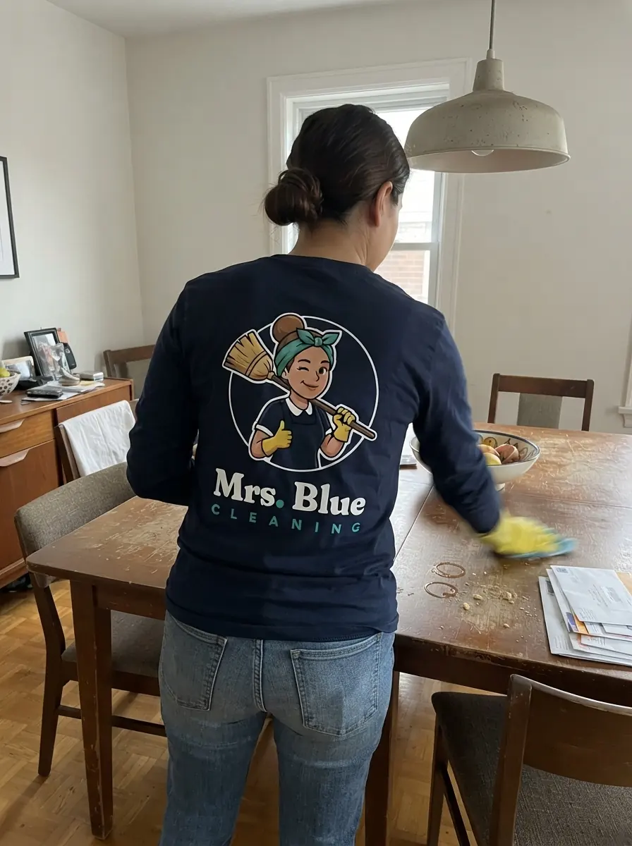 A Mrs. Blue cleaner at work in a dining room