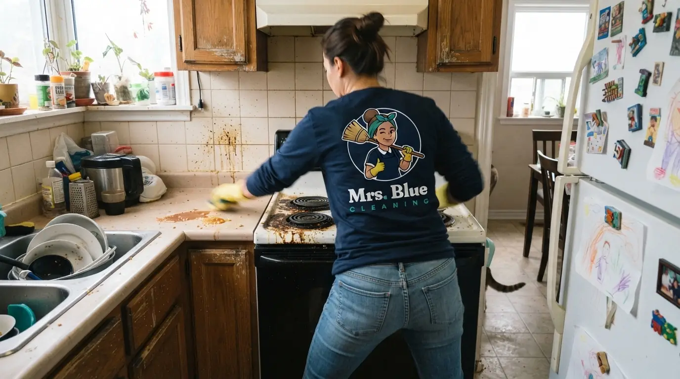 A Mrs. Blue cleaner, seen from behind with the logo on her shirt, scrubbing a greasy stovetop