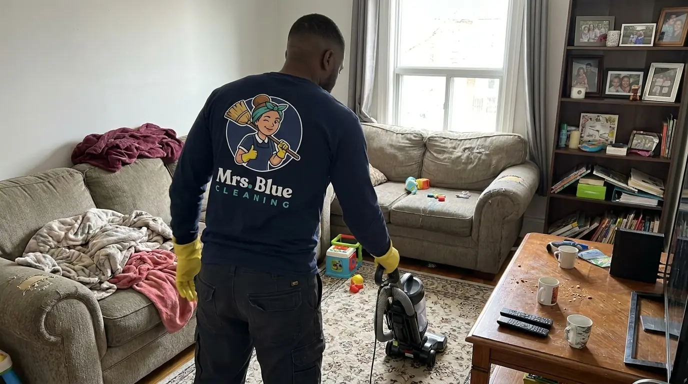 A Mrs. Blue cleaner vacuuming a lived-in living room