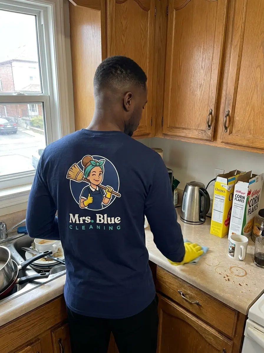 A Mrs. Blue cleaner at work in a kitchen