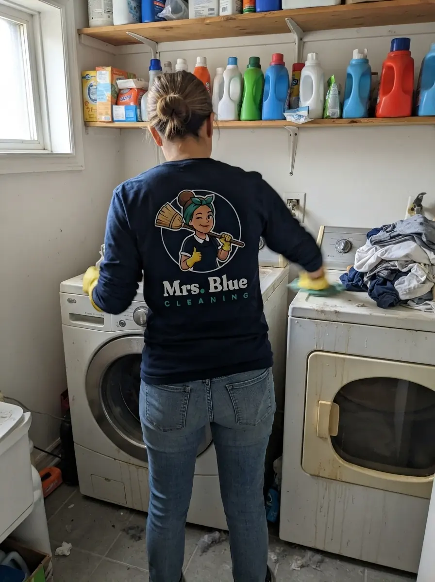 A Mrs. Blue cleaner at work in a laundry room